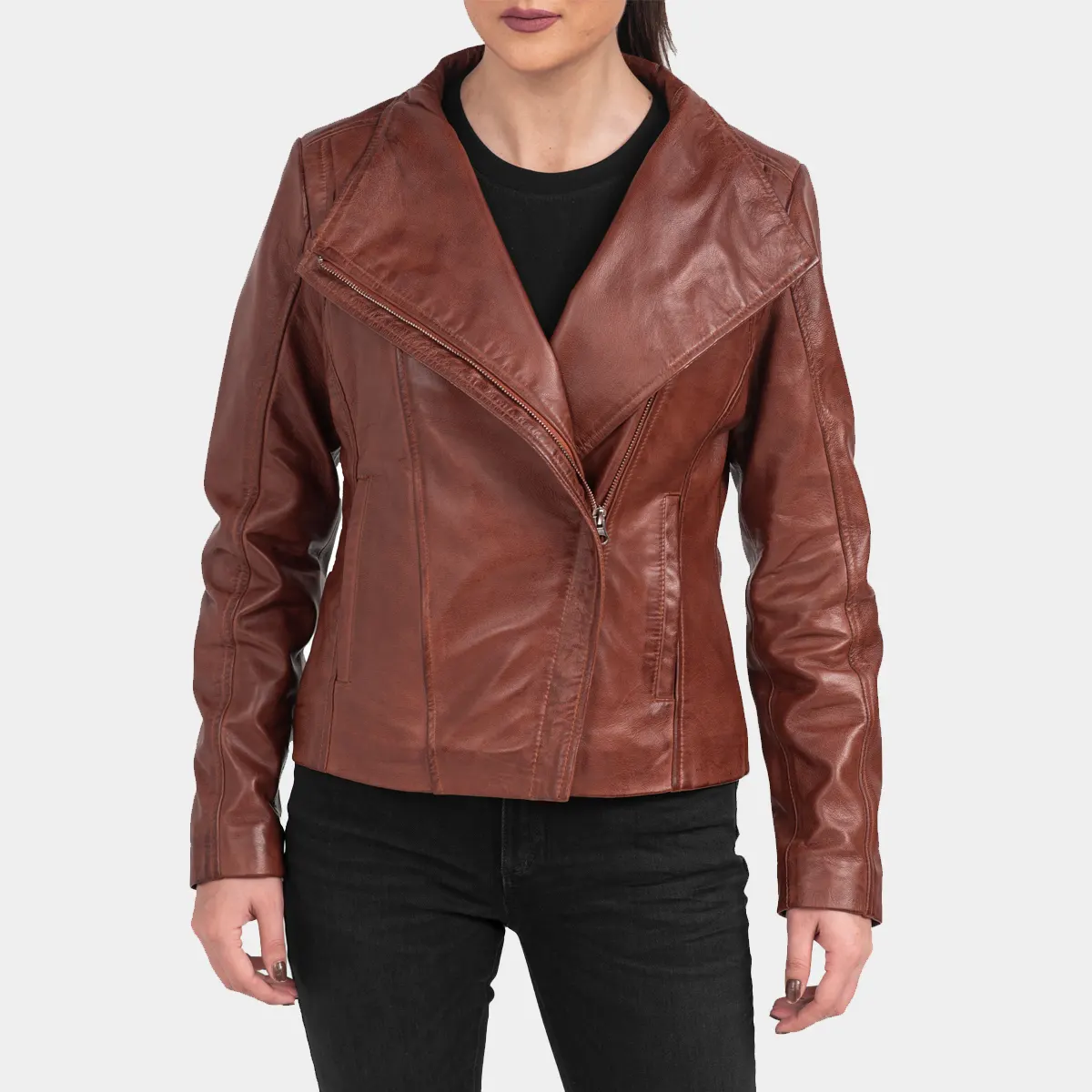 Arezzo Cognac Cafe Racer Style Womens Leather Jacket
