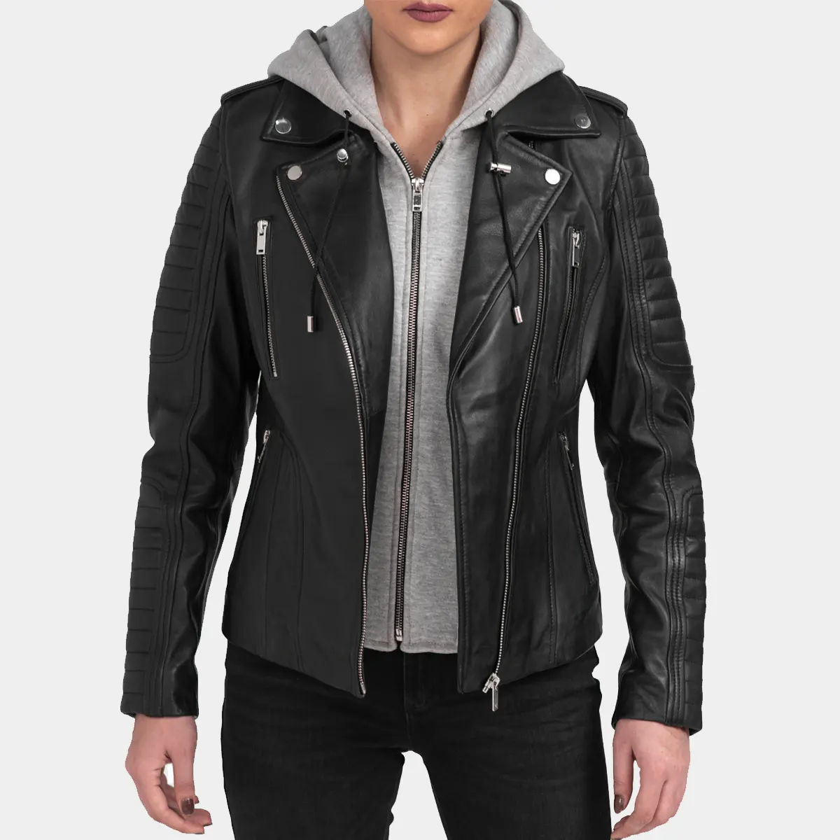 Bagheria Black Womens Leather Jacket with Hood