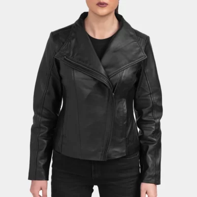 Black Flap Closure Leather Cafe Racer Jacket