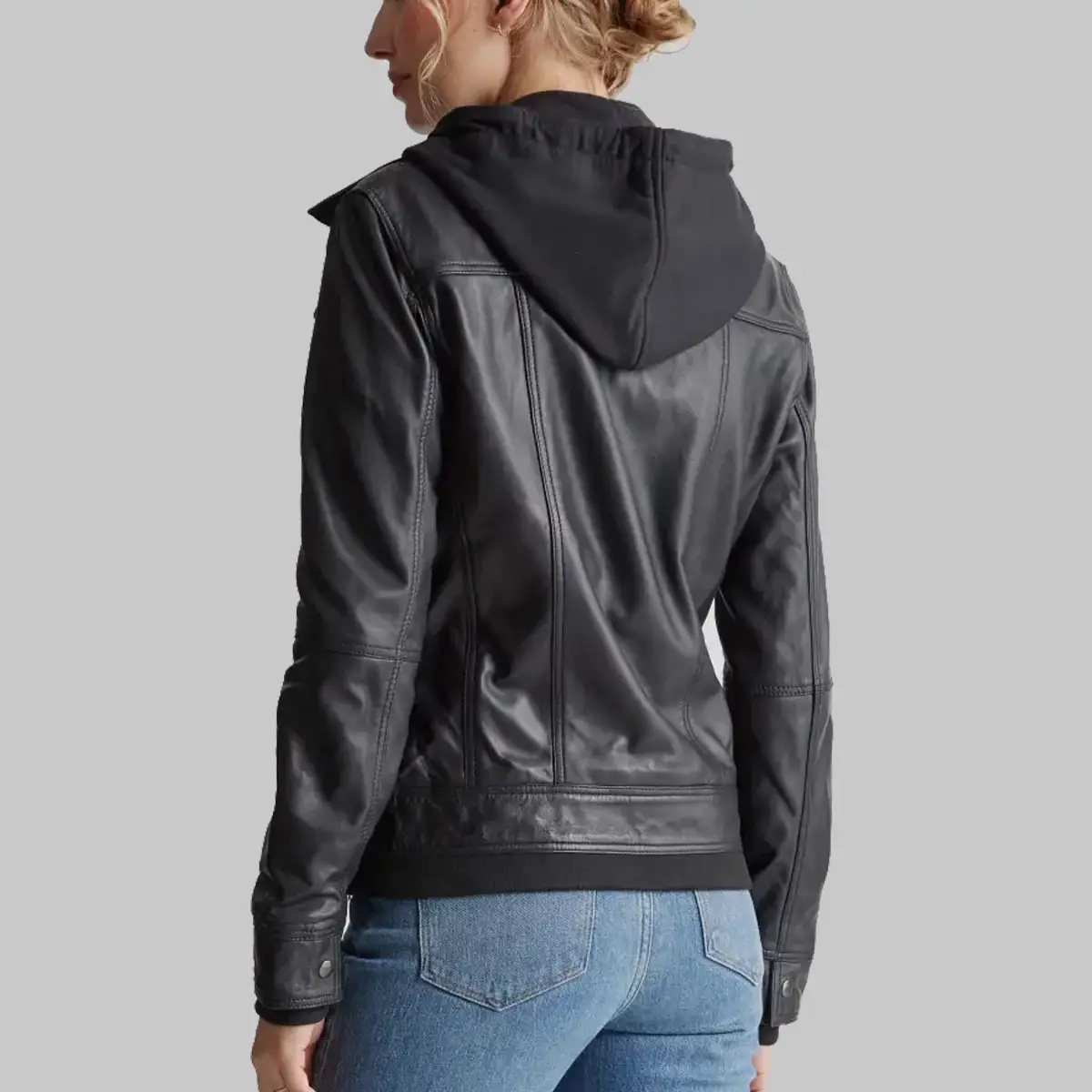 Black Leather Hooded Bomber Jacket Womens