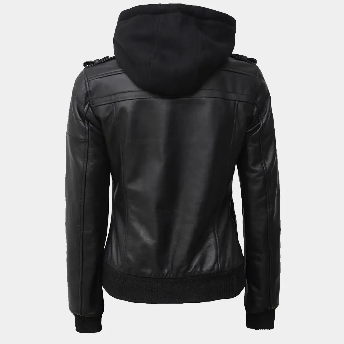 Black Removable Hood Leather Bomber Jacket