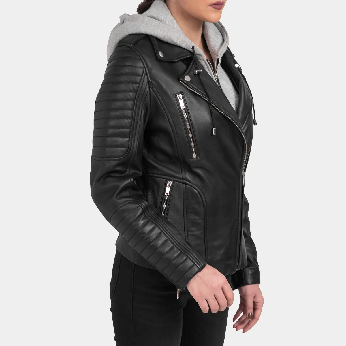 Black leather jacket for women with removeable hood
