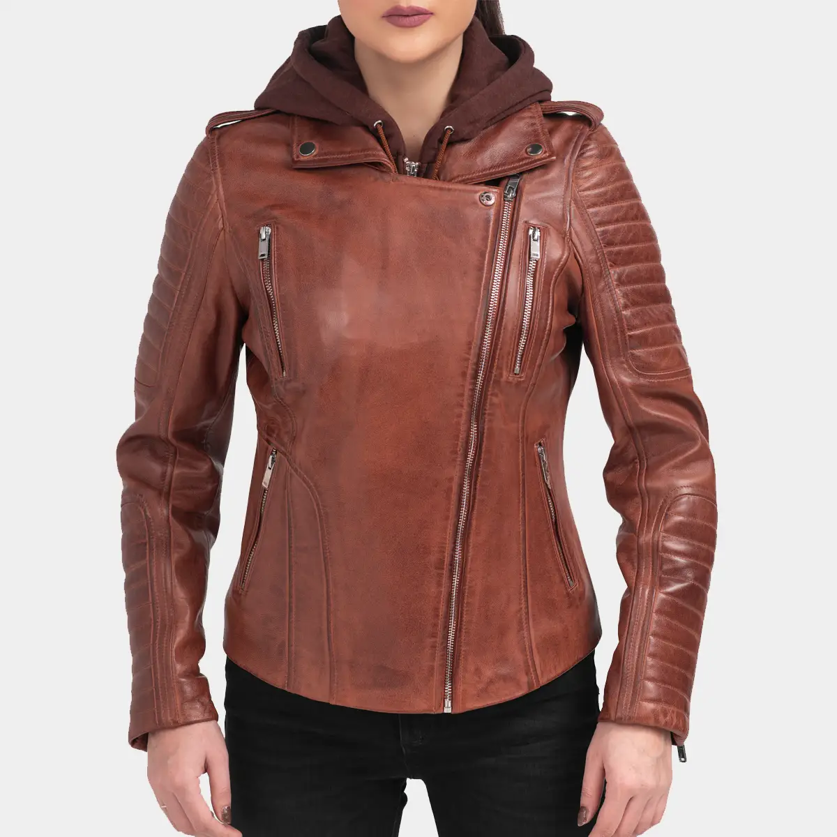 Brown Bomber leather jacket with removebale hood