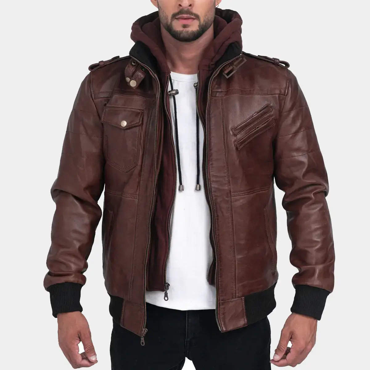 Brown Leather Jacket with Removable Hood – Real Leathers Jacket