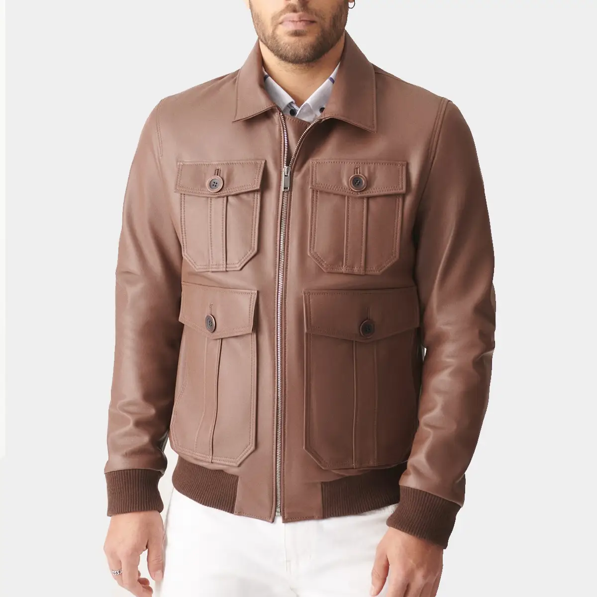 Brown bomber four pocket leather jacket