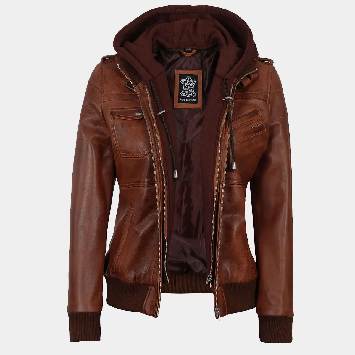 Cognac Leather Jacket with Removable Hood