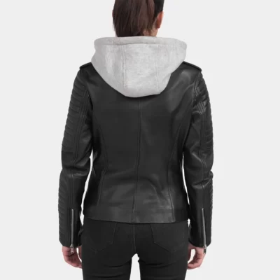 WOmen Black leather jacket with removeable hood Realleathersjacket