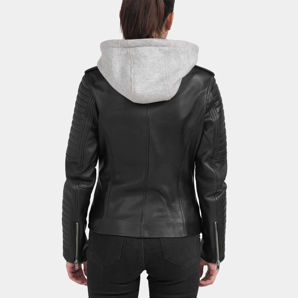 WOmen Black leather jacket with removeable hood