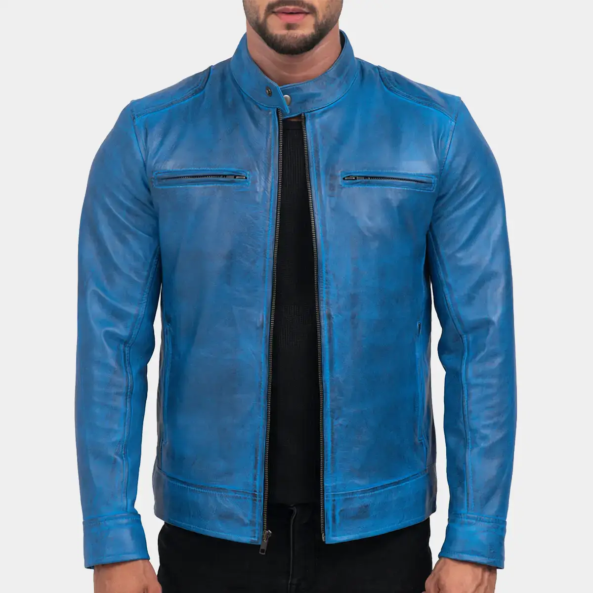 mens blue Dodge leather jacket Blue Moto Leather Jacket for Men Realleathersjacket