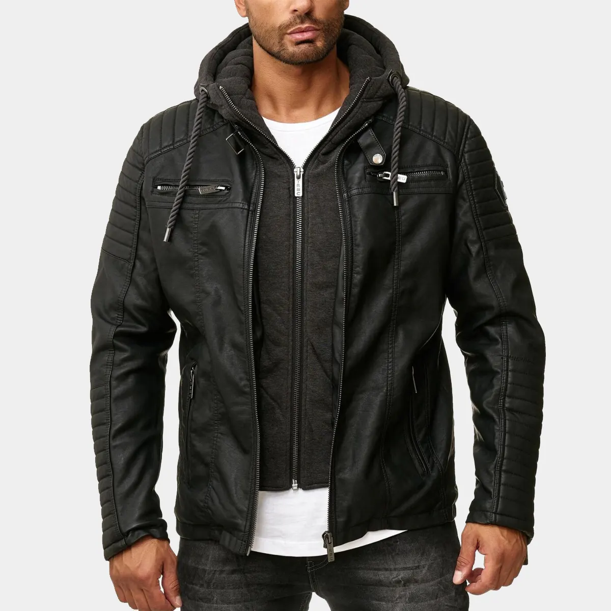 Lamb Leather Biker Jacket with detachable Hood