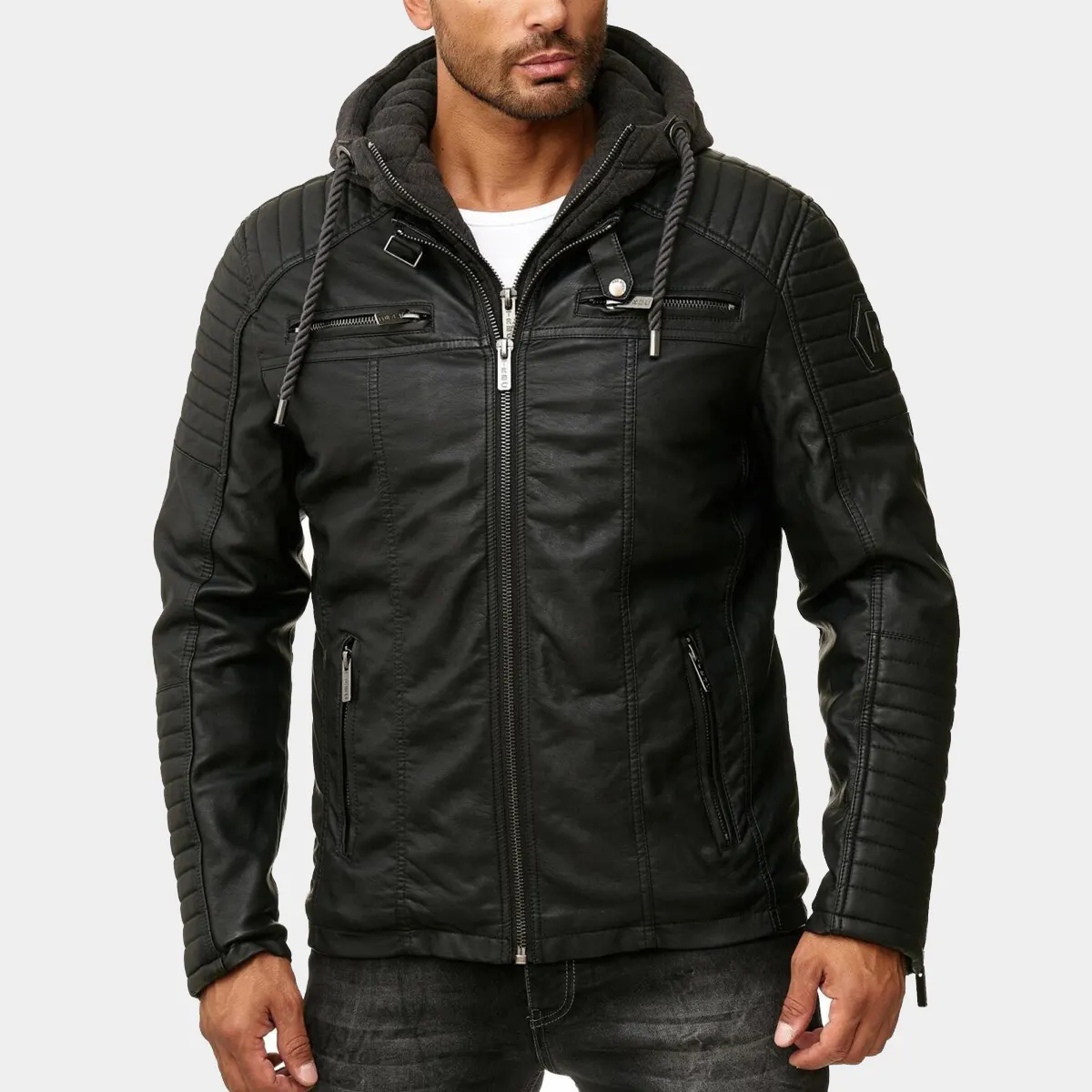 Leather Biker Jacket with detachable Hood