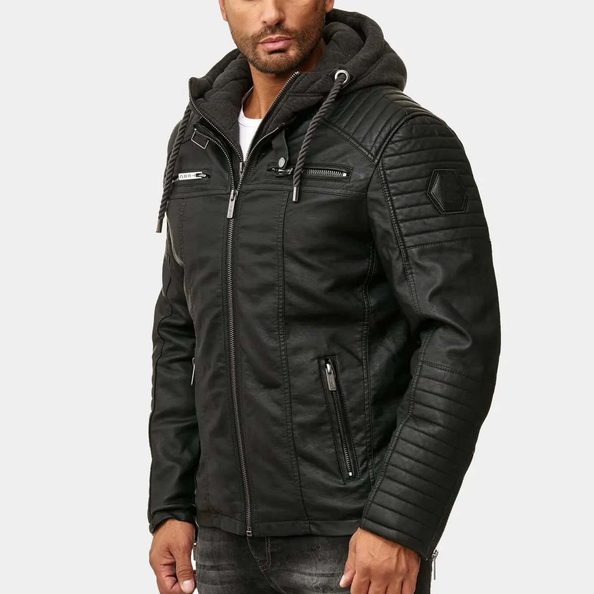 Men leather jacket with hood