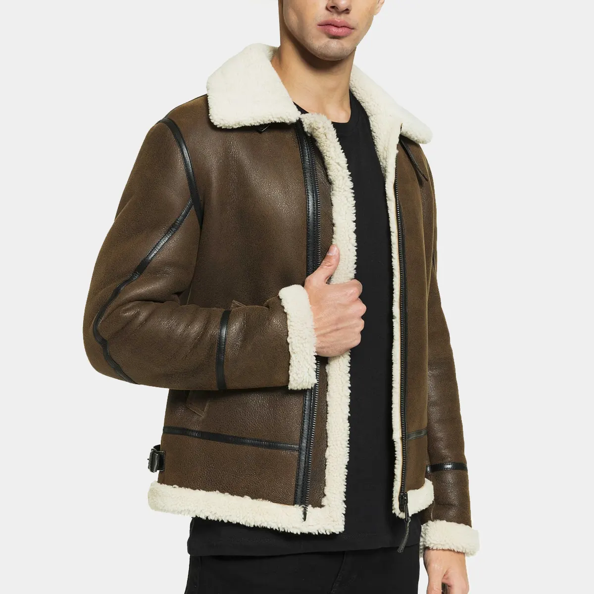 Men’s Brown Leather White Shearling Leather Jacket