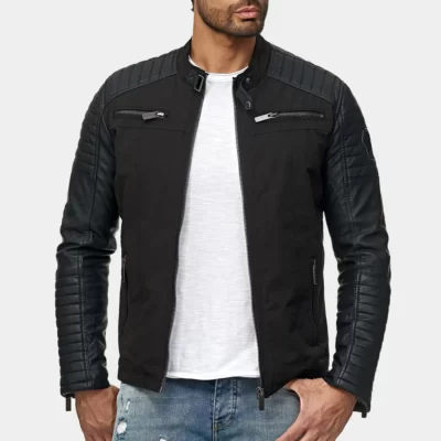 Quilted Cotton jacket with imitation leather sleeves.