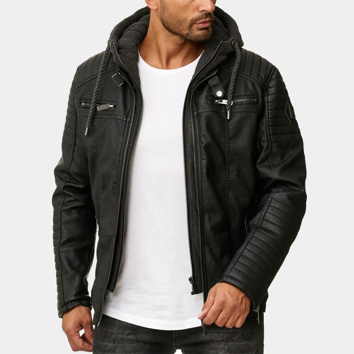 Real Black Leather Jacket Removable Hoodie