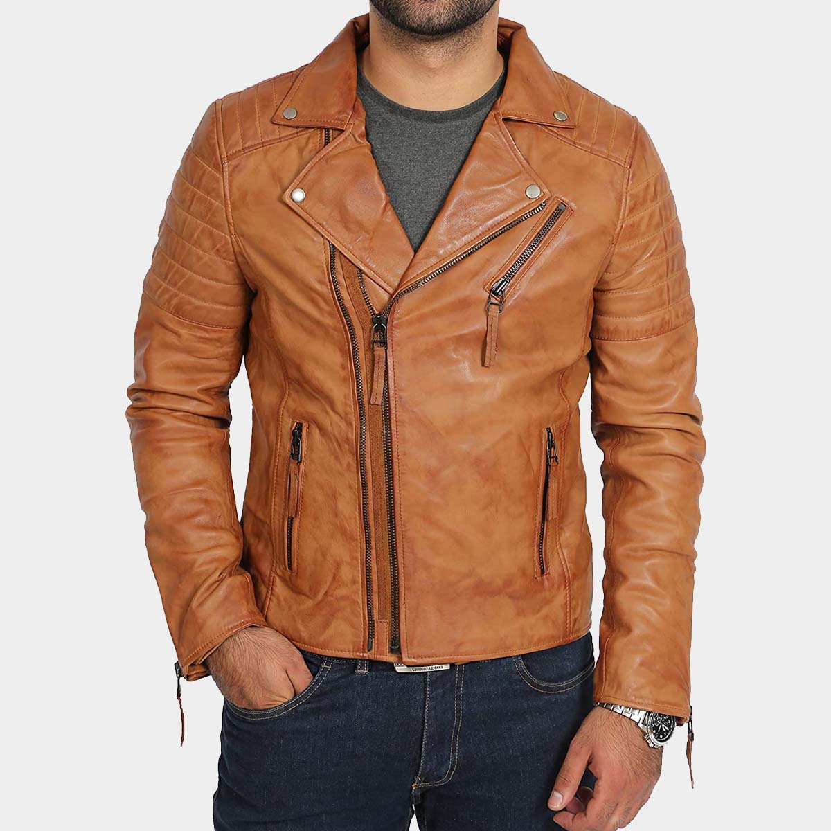 Distressed Brown Cafe Racer Leather Jacket – Men