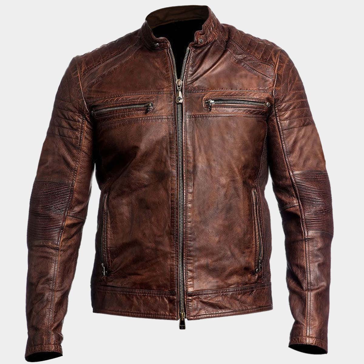 Mens Biker Cafe Racer Brown Leather Jacket Realleathersjacket