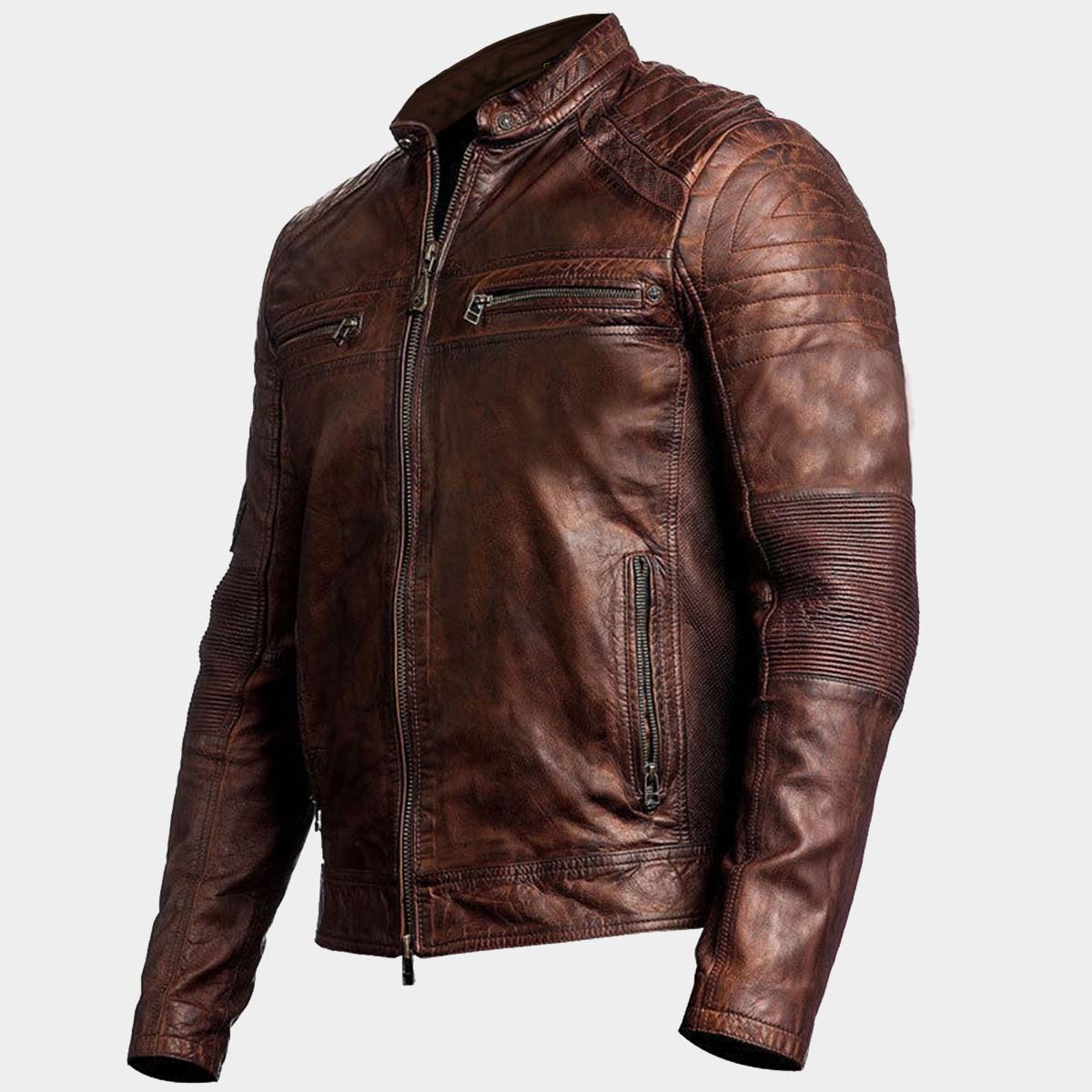 Men’s Distressed Biker Cafe Racer Leather Jacket