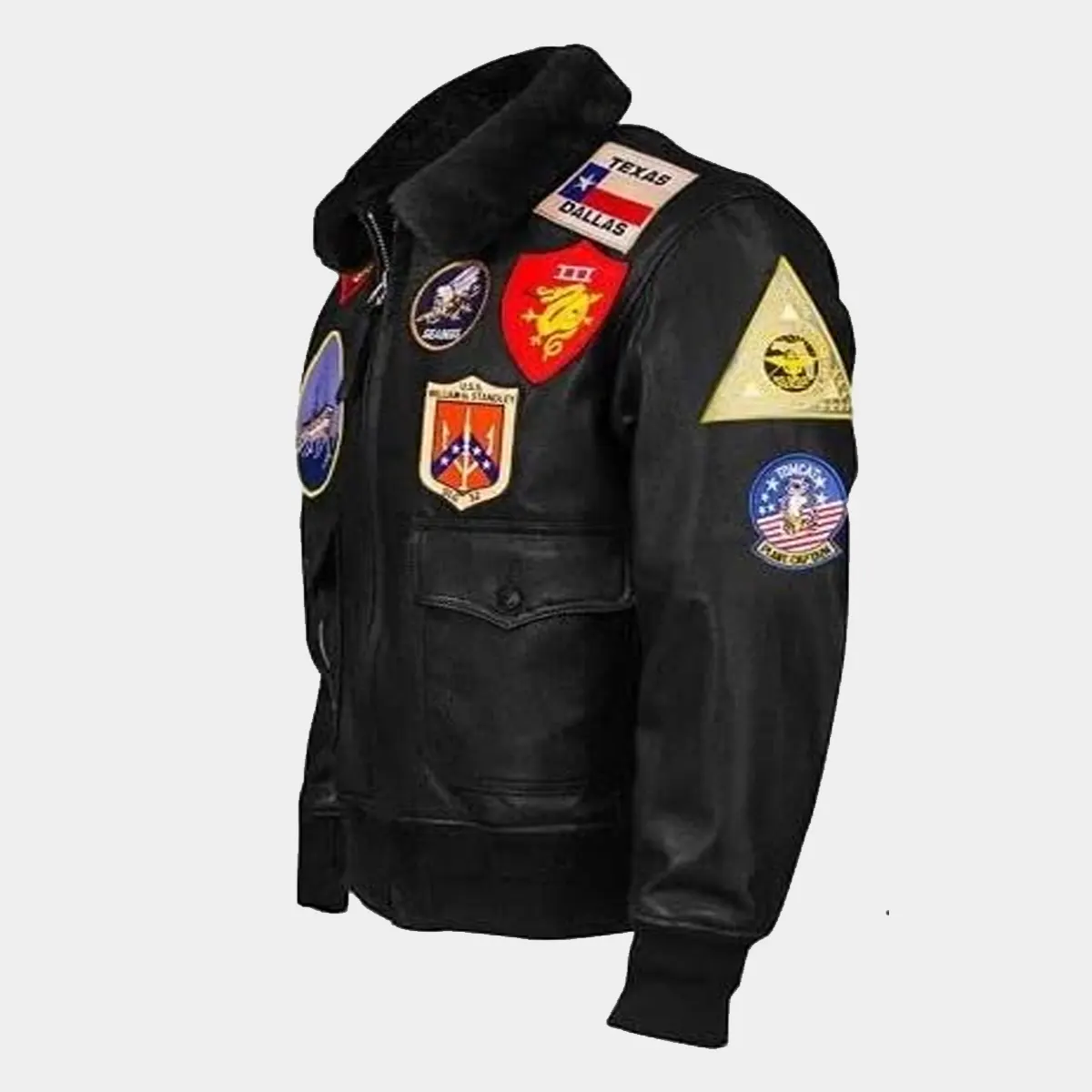 Men’s G1 Bomber Maverick Aviator Real Leather Fur Collar Flight Jacket with Embroidery Patches Maverick Bomber Jacket Men