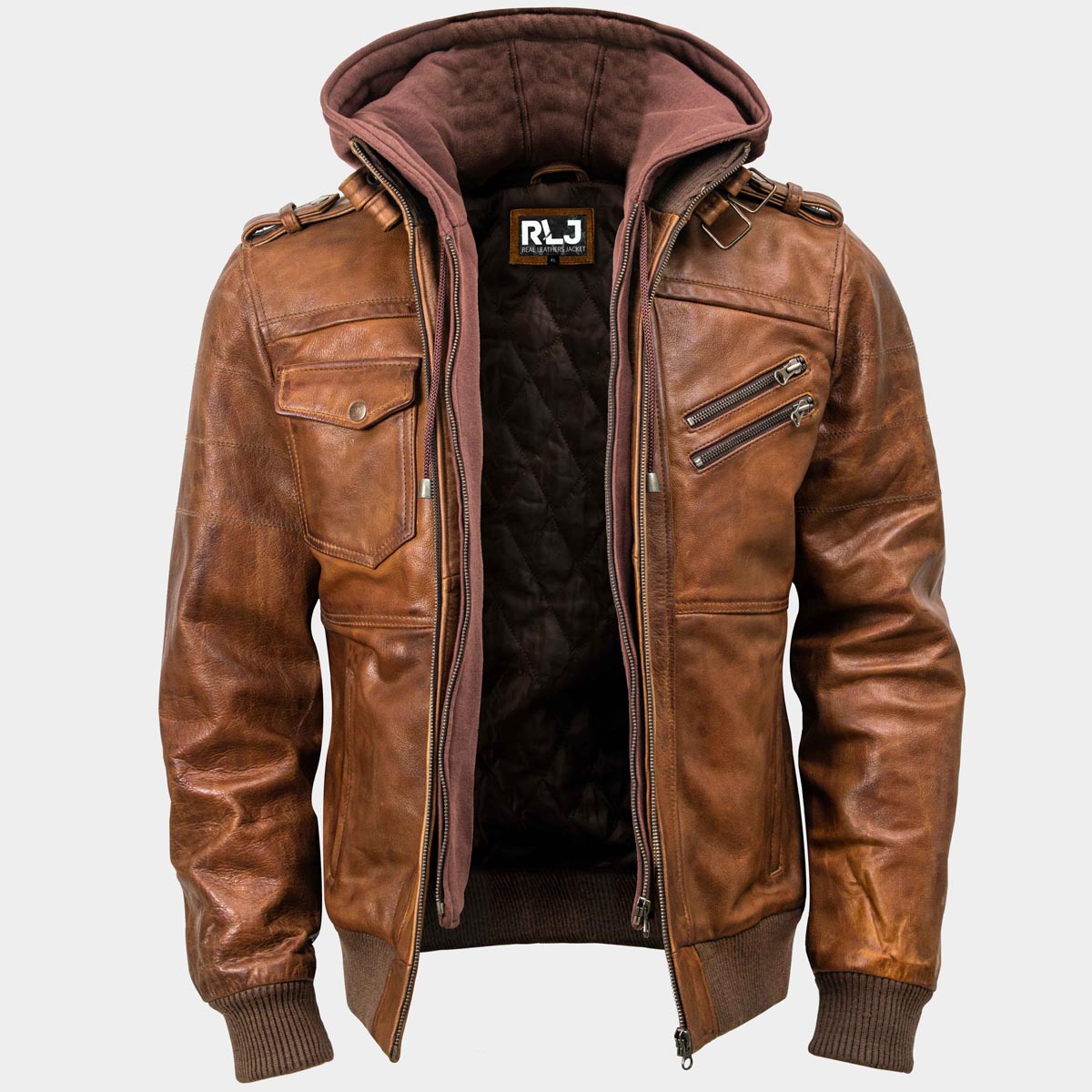 Mens hooded Leather Jacket Brown - Realleathersjacket