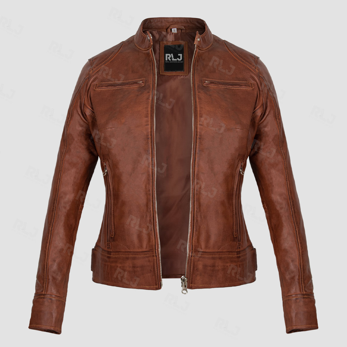 Womens Cognac Cafe Racer Leather Jacket