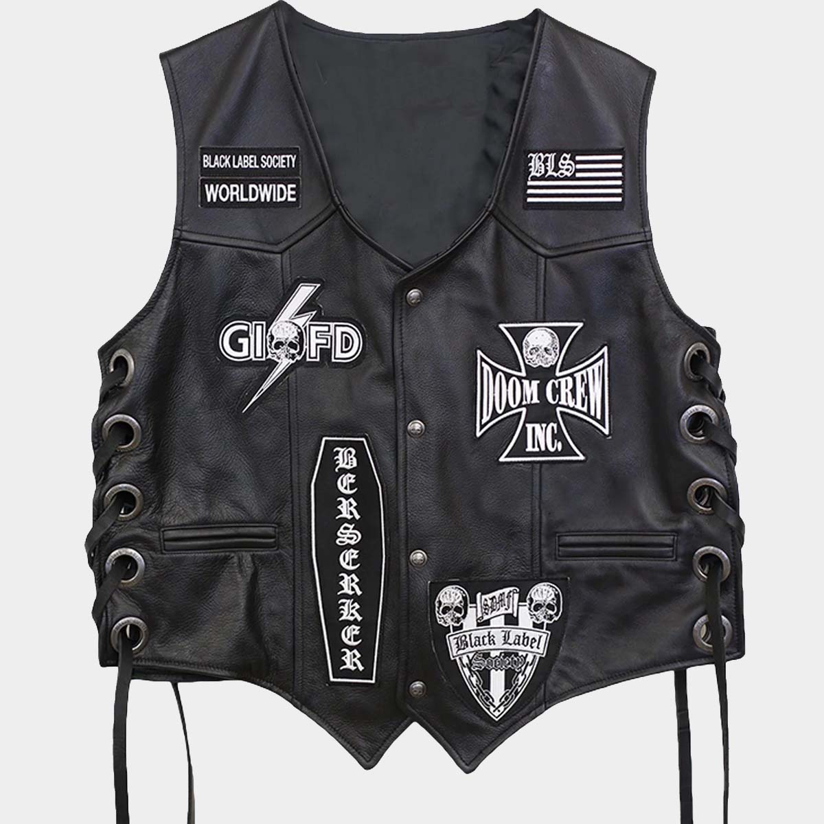 black leather vest inspired from Black Label Society heavy metal band formed in Los Angeles