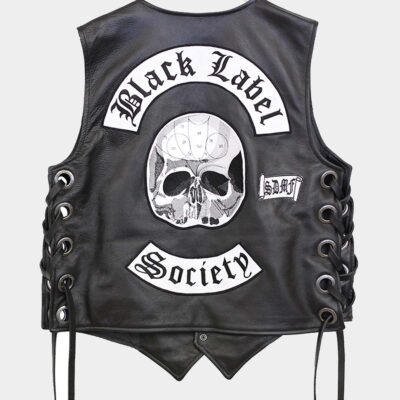 back view of black leather vest inspired from heavy metal music Black Leather Society