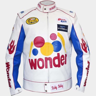white faux leather jacket inspired from the movie Talladega Nights: The Ballad of Ricky Bobby Character Ricky Bobby played by will Ferrell