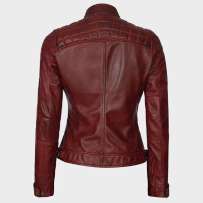 Women Vegan Leather Maroon quilted Jacket