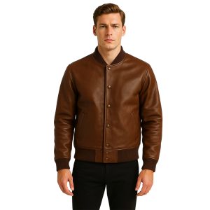 Men’s Classic Brown Leather Bomber Jacket