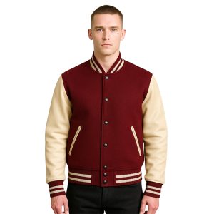Men's Maroon and Cream Varsity Letterman Jacket