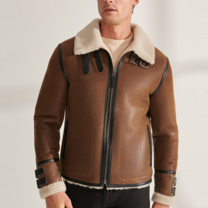 Men's Tan Shearling Lined Leather Aviator Jacket