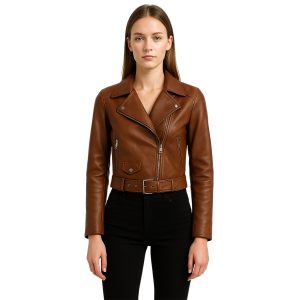 Women's Brown Belted Leather Moto Jacket