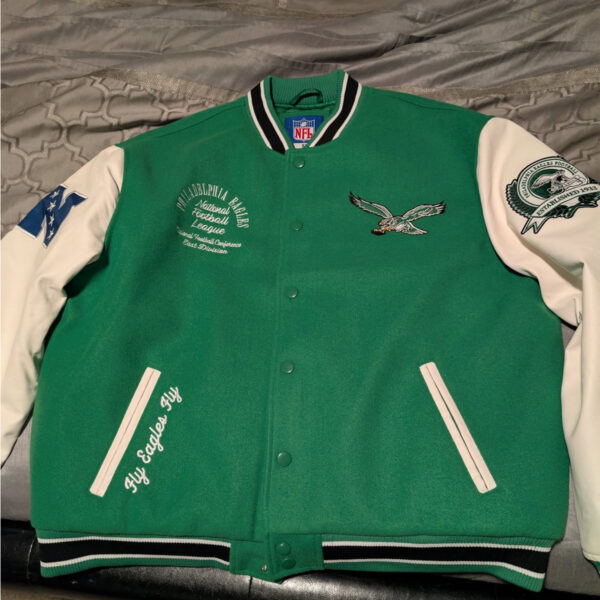 Philadelphia Eagles Kelly Green Leather Wool Bomber Varsity Jacket - Real Leathers Jacket