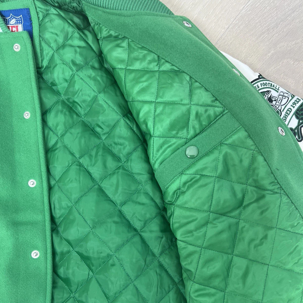 Philadelphia Eagles Kelly Green Leather Wool Bomber Varsity Jacket - Image 6