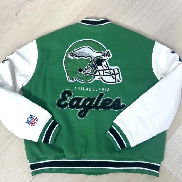Philadelphia Eagles Kelly Green Leather Wool Bomber Varsity Jacket - Real Leathers Jacket