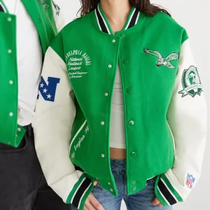 Philadelphia Eagles Kelly Green Leather Wool Bomber Varsity Jacket