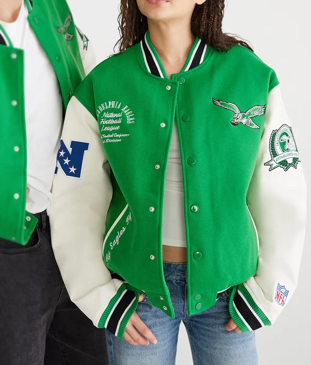 Philadelphia Eagles Kelly Green Leather Wool Bomber Varsity Jacket