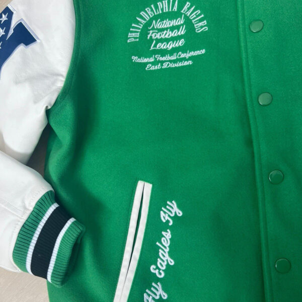 Philadelphia Eagles Kelly Green Leather Wool Bomber Varsity Jacket - Real Leathers Jacket