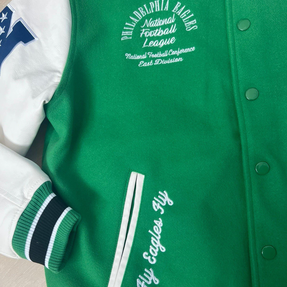 Philadelphia Eagles Kelly Green Leather Wool Bomber Varsity Jacket - Image 4