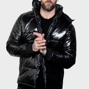Black Shiny Puffer Jacket with Hood
