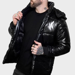 Black Shiny Puffer Jacket with Hood