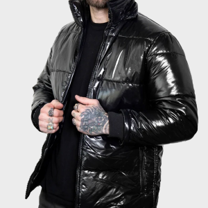 Black Shiny Puffer Jacket with Hood
