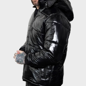 Black Shiny Puffer Jacket with Hood
