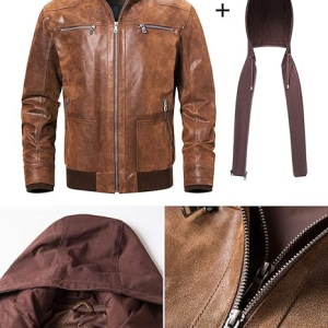 Men’s Brown Genuine Leather Motorcycle Jacket with Removable Hood