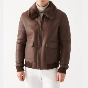 Sheepskin Shearling Collar Brown Bomber Jacket