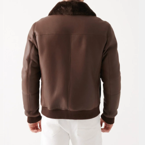 Sheepskin Shearling Collar Brown Bomber Jacket
