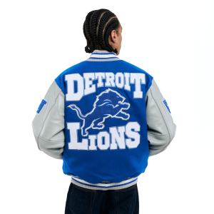 Detroit Lions jacket, Golf Wang Lions jacket, Lions letterman jacket, blue varsity jacket NFL, unisex NFL jacket, Lions chenille logo jacket, wool leather jacket Detroit Lions, full snap varsity jacket