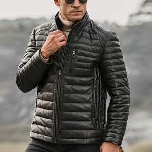 Men’s Quilted Black Leather Puffer Jacket