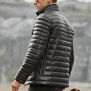 Men’s Quilted Black Leather Puffer Jacket